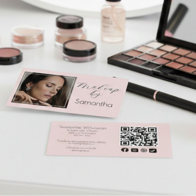 Blush Pink Script Social Icon QR Code Photo Makeup Business Card (Creator Uploaded)