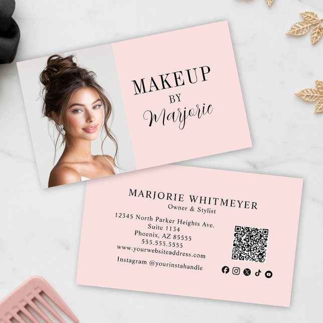 Blush Pink Script Social Icon QR Code Photo Makeup Business Card (modern black blush pink script photo makeup business card with modern typography qr code and social )