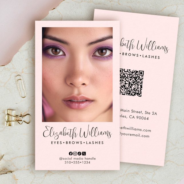 Blush Pink Script Social Icon QR Code Photo Makeup Business Card (Creator Uploaded)