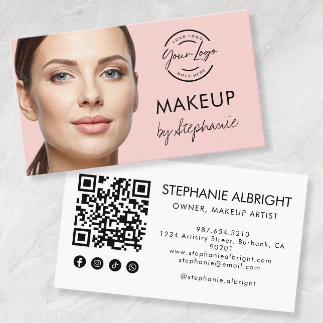Blush Pink Script Social Icon QR Code Photo Makeup Business Card (Creator Uploaded)
