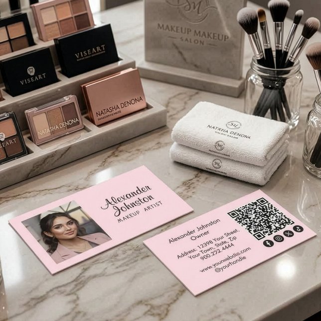 Blush Pink Script Social Icon QR Code Photo Makeup Business Card (Pink Black Script Makup QR Photo Business Card)