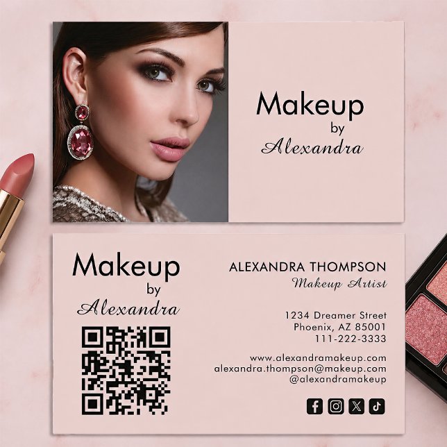 Blush Pink Script Social Icon QR Code Photo Makeup Business Card (Creator Uploaded)