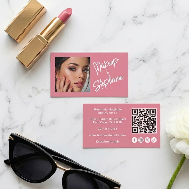 Blush Pink Script Social Icon QR Code Photo Makeup Business Card (Creator Uploaded)