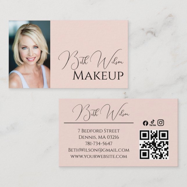 Blush Pink Script Social Icon QR Code Photo Makeup Business Card (Front/Back)