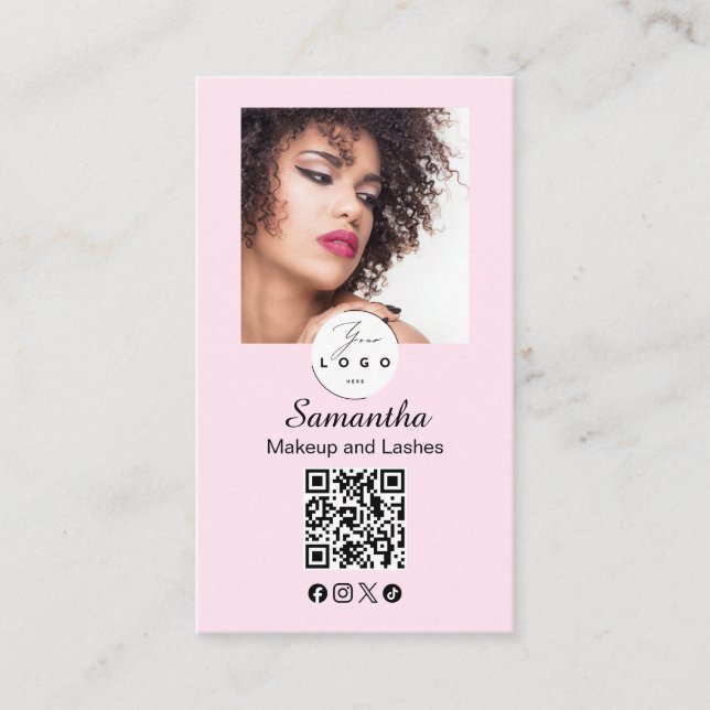 Blush Pink Script Social Icon QR Code Photo Makeup Business Card (Front)