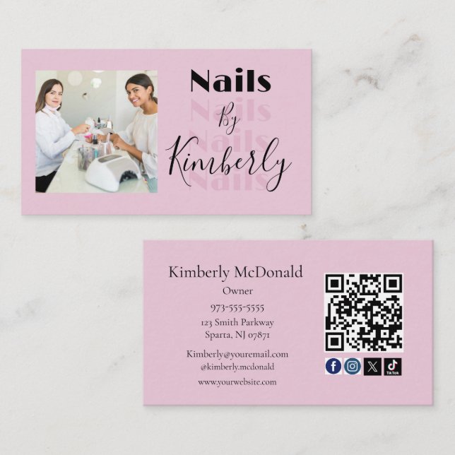 Blush Pink Script Social Icon QR Code Photo Nails Business Card (Front/Back)