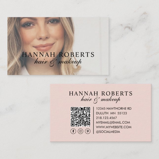 Blush Pink Script Social QR Code Photo Hair Makeup Business Card (Front/Back)