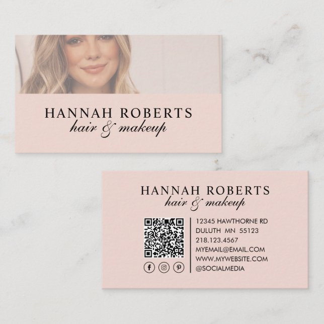 Blush Pink Script Social QR Code Photo Hair Makeup Business Card (Front/Back)
