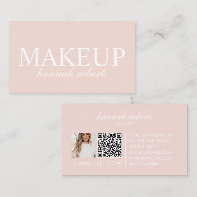 Blush Pink Script Social QR Code Photo Makeup Business Card (Front/Back)