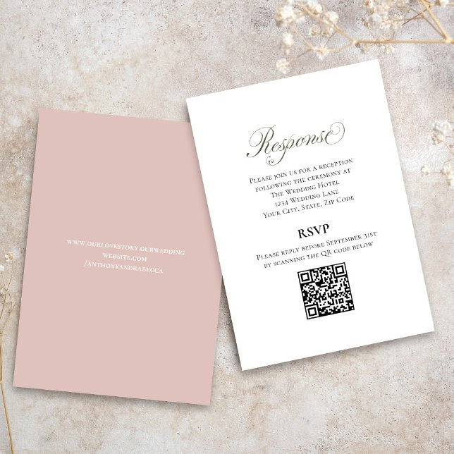 Blush Pink Script Wedding RSVP QR Code Card (Elegant blush pink wedding RSVP card with QR code for easy online guest responses.)