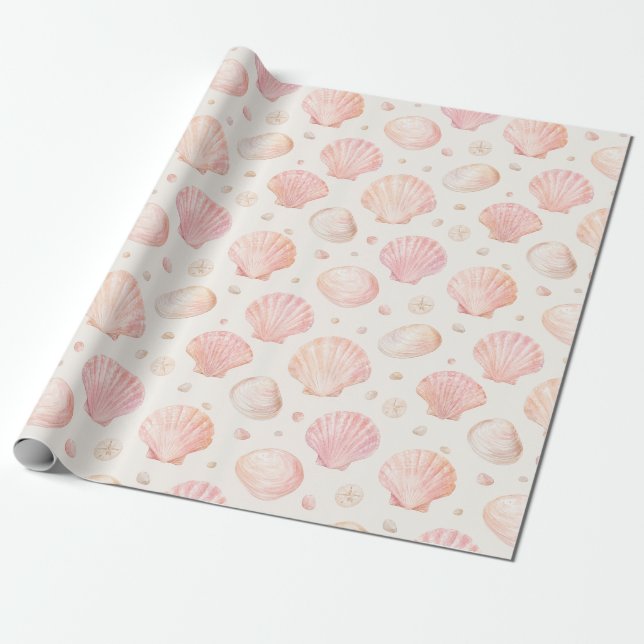 Blush Pink Seashell Watercolor Pattern Gift Wrap (Unrolled)