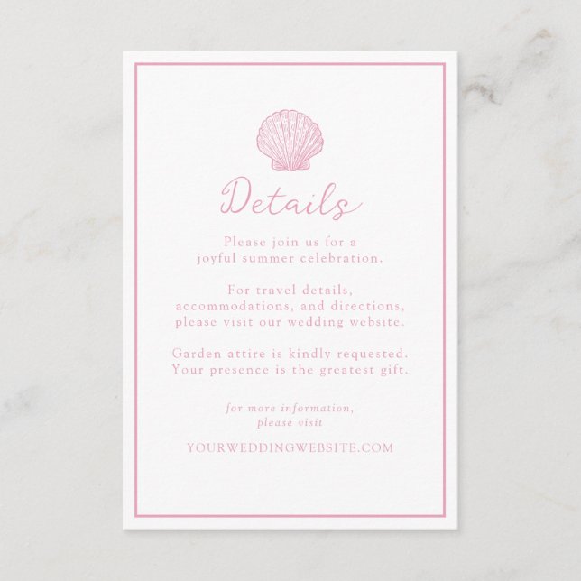Blush Pink Seashell Wedding Details Card (Front)