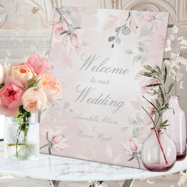 Blush Pink Secret Garden Roses Welcome Wedding Pedestal Sign (Creator Uploaded)