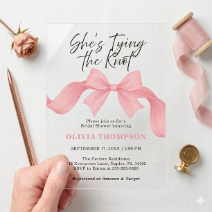 Blush Pink She's Tying the Knot Bow Bridal Shower Acrylic Invitations