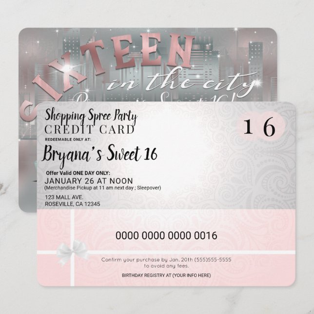 Blush Pink Shopping Spree City Limo Sweet 16 Party Invitation (Front/Back)
