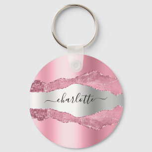 Blush pink silver agate marble name key ring