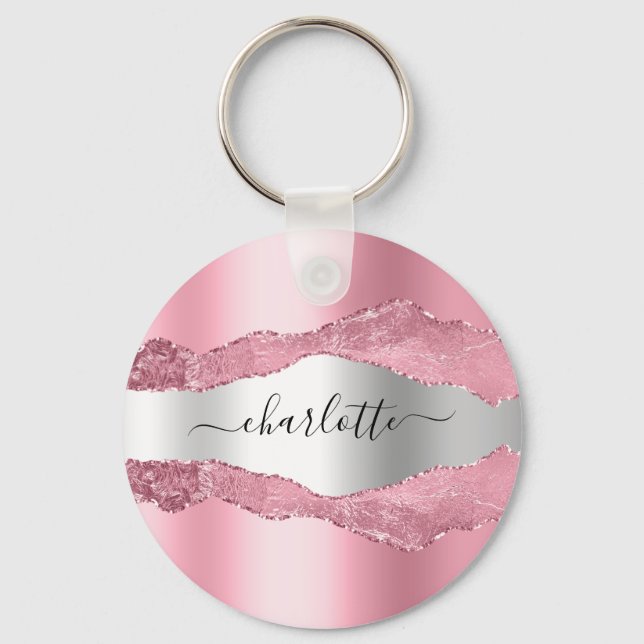Blush pink silver agate marble name key ring (Front)