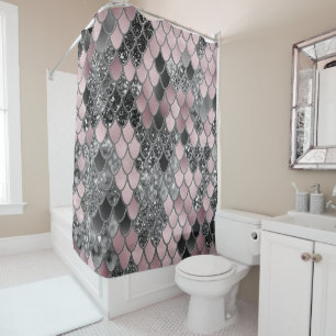 Blush Pink Silver Black Mermaid Scales Glam #1  Shower Curtain