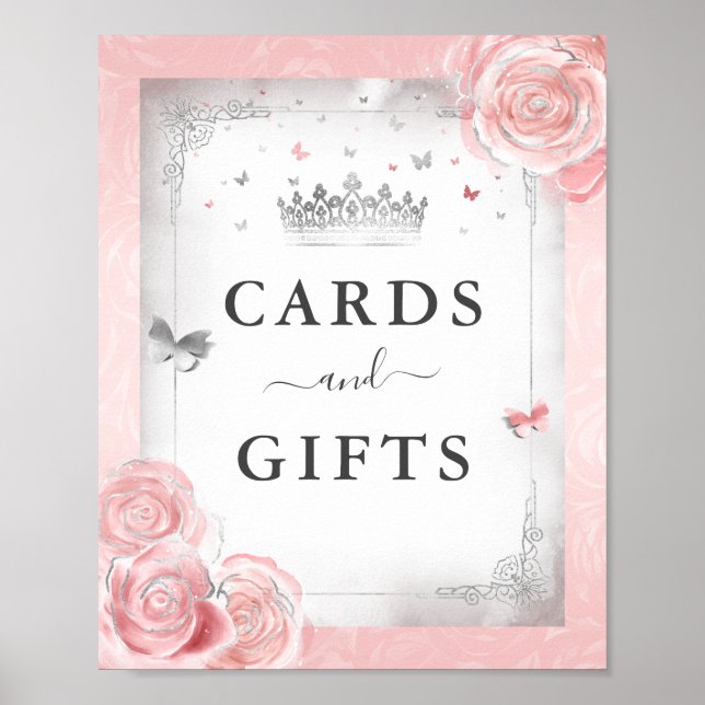 Blush Pink Silver Cards Gifts Tabletop Party Sign (Front)