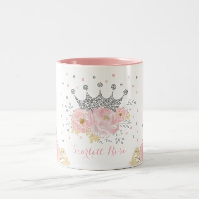 Blush Pink Silver Crown Royal Princess Monogram Two-Tone Coffee Mug (Center)
