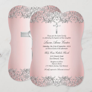 Blush Pink Silver Damask Cross Baptism Christening Invitation