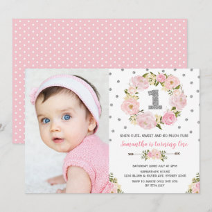 Blush Pink Silver Floral First 1st Birthday Invite