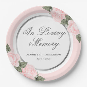 Blush Pink Silver Floral Memorial Funeral Paper Plate