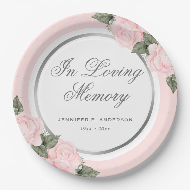 Blush Pink Silver Floral Memorial Funeral Paper Plate (Front)