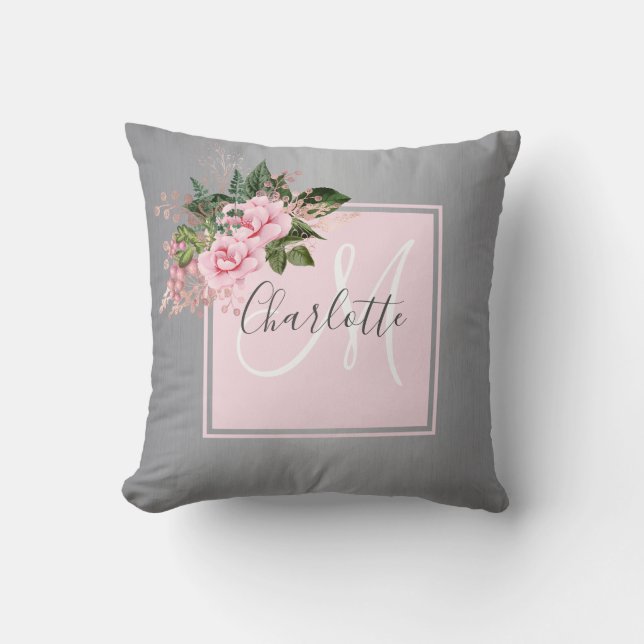 Blush pink silver floral monogram throw pillow (Front)