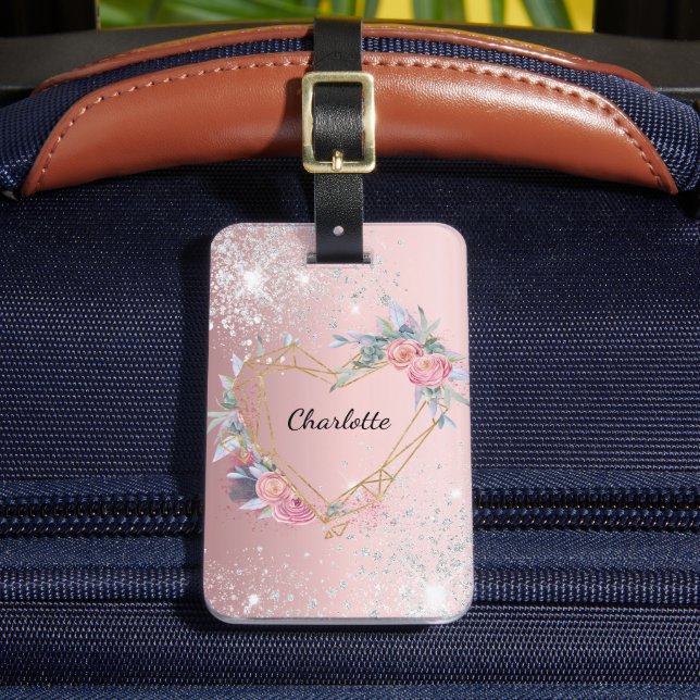Blush pink silver floral name luggage tag (Front Insitu 2)