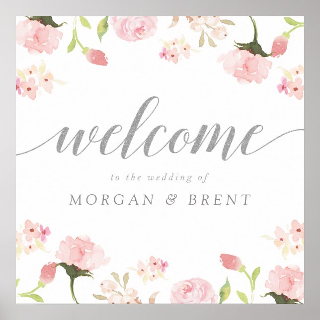 Blush Pink & Silver Floral Wedding Welcome Sign (Front)