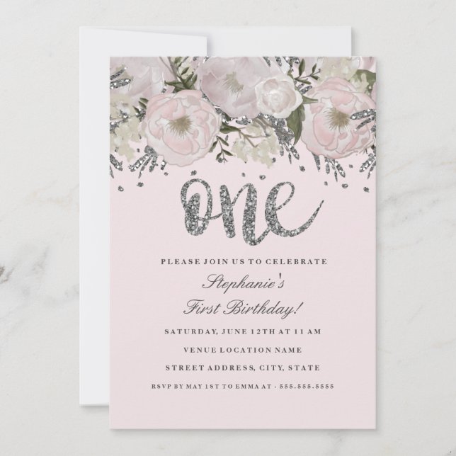 Blush Pink Silver Flower Floral One First Birthday Invitation (Front)