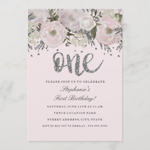 Blush Pink Silver Flower Floral One First Birthday Invitation