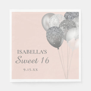 Blush Pink Silver Glitter Balloons Sweet 16  Napkin