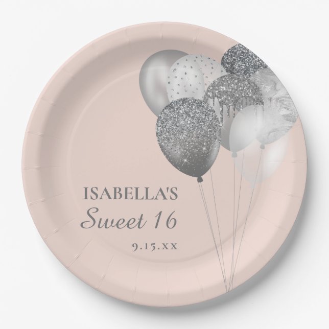 Blush Pink Silver Glitter Balloons Sweet 16  Paper Plate (Front)