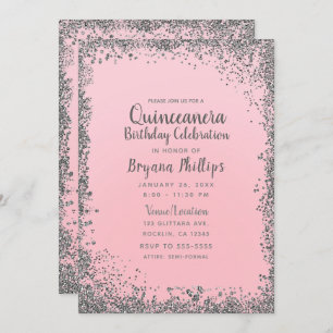 Blush Pink & Silver Glitter Crown Quinceañera 15 Invitation