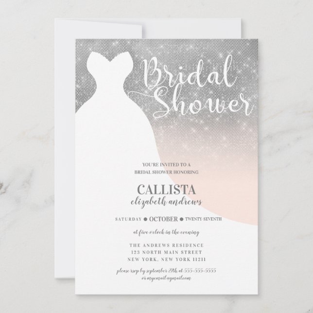 Blush Pink Silver Glitter Dress Bridal Shower Invitation (Front)