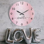 Blush pink silver glitter dust metal name script large clock<br><div class="desc">A blush pink faux metallic looking background,  decorated with faux silver glitter dust.  Personalize and add your name written with a trendy hand lettered style script with swashes.
To keep the swashes only delete the sample name,  leave the spaces or emoji's in front and after the name.</div>