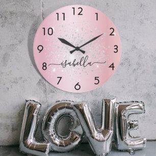 Blush pink silver glitter dust metal name script large clock