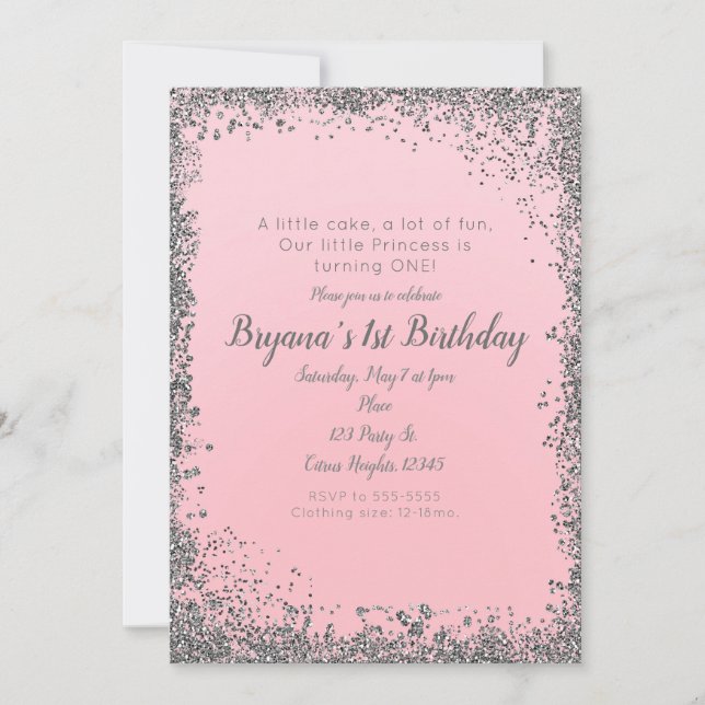 Blush Pink Silver Glitter Glam 1ST Birthday Party Invitation (Front)