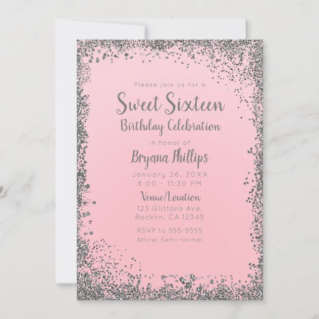 Blush Pink & Silver Glitter Glam Sweet 16 Party Invitation (Front)