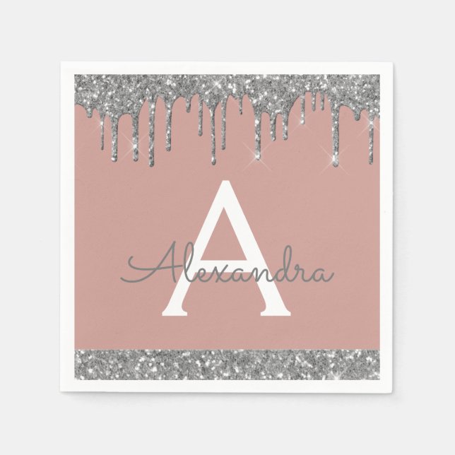 Blush Pink Silver Glitter  Monogram Birthday Napkin (Front)