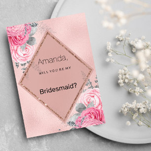 Blush pink silver glitter peony floral  Bridesmaid Invitation