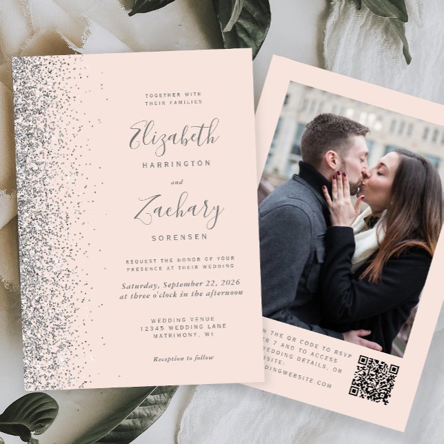 Blush Pink Silver Glitter Photo QR Code Wedding Invitation (Creator Uploaded)