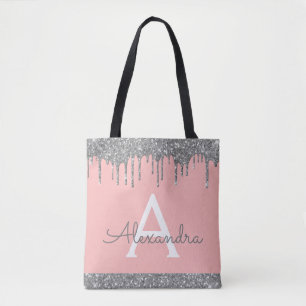 Blush Pink Silver Glitter Sparkle Elegant Monogram Tote Bag