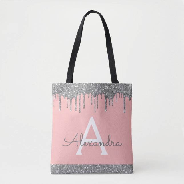 Blush Pink Silver Glitter Sparkle Elegant Monogram Tote Bag (Front)