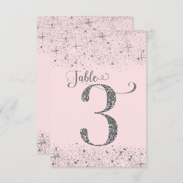 Blush Pink Silver Glitter Table Numbers Number 3 (Front/Back)