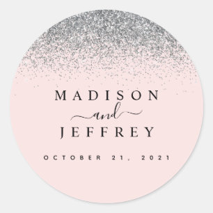 Blush Pink & Silver Glitter Wedding Classic Round Sticker