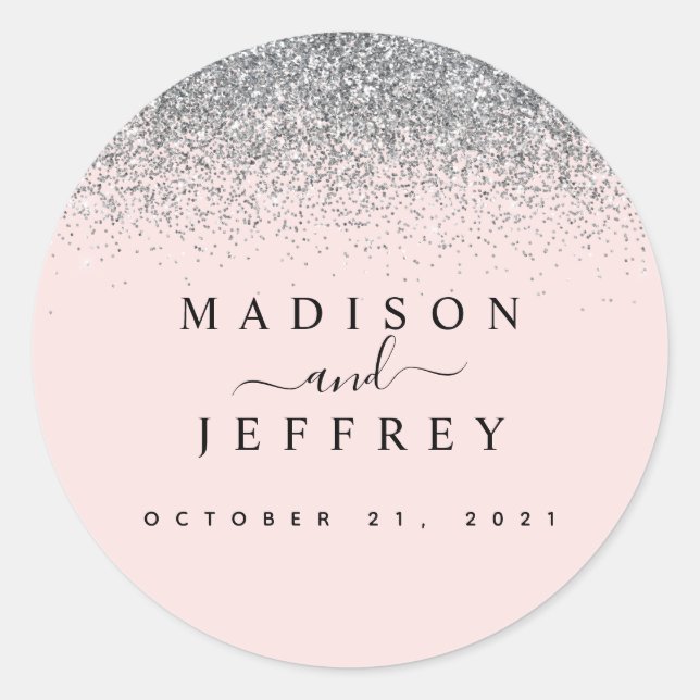 Blush Pink & Silver Glitter Wedding Classic Round Sticker (Front)