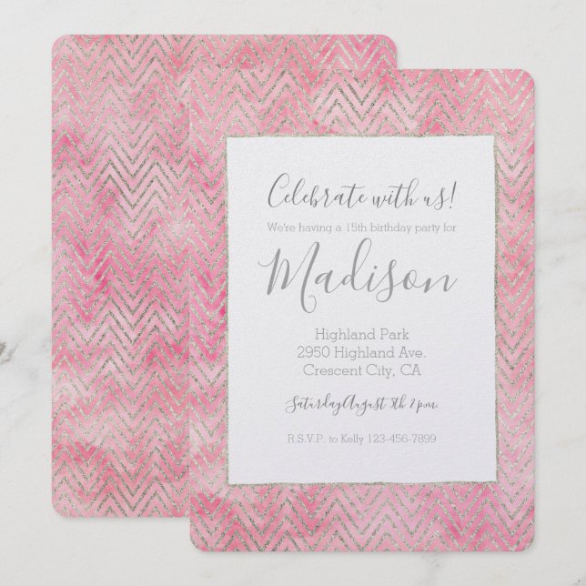 Blush Pink Silver Glitz Chevron Birthday Invitation (Front/Back)